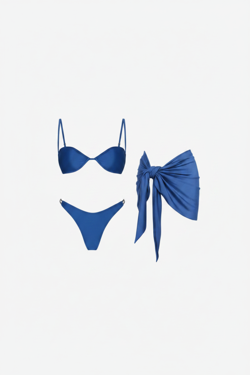 Blue 3-piece bandeau bikini set